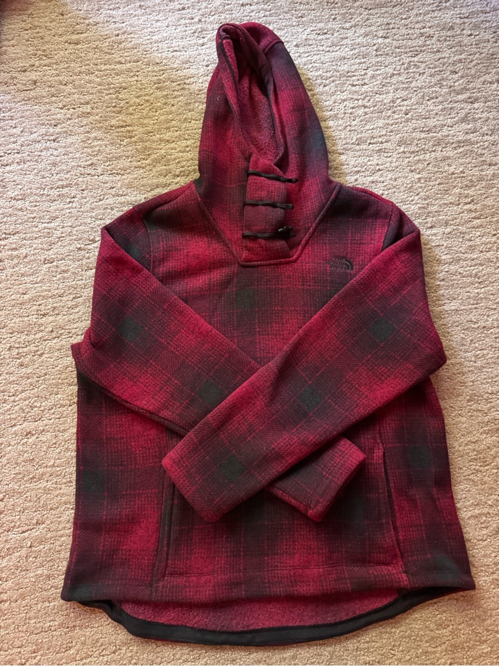 The North Face Women’s Red and Black Plaid Zip-Up Hooded Sweater